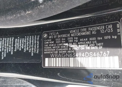 2004 BMW 745Li z USA, uszkodzony, nr VIN WBAGN63494DS46767